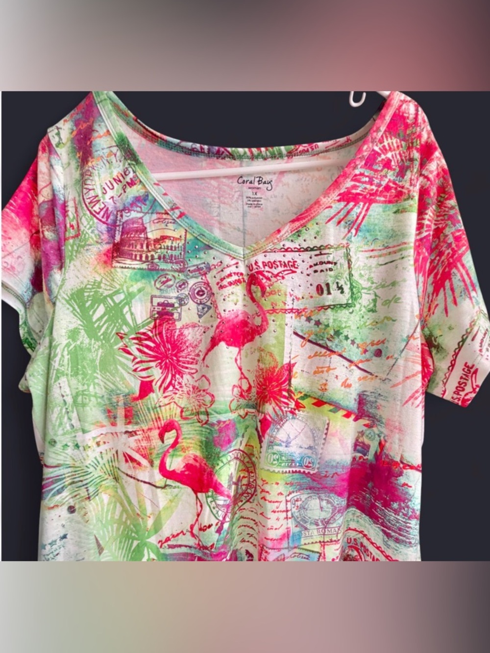 Coral Bay Woman Short Sleeve Shirt 1X Flamingo Colorful V Neck Resort Summer - Picture 2 of 8